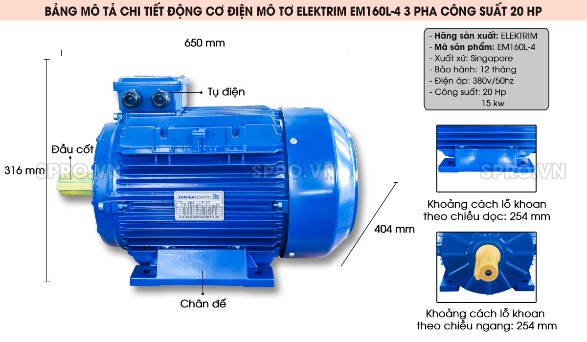 cấu tạo động cơ điện motor elektrim em160l-4 3 pha công suất 20 hp
